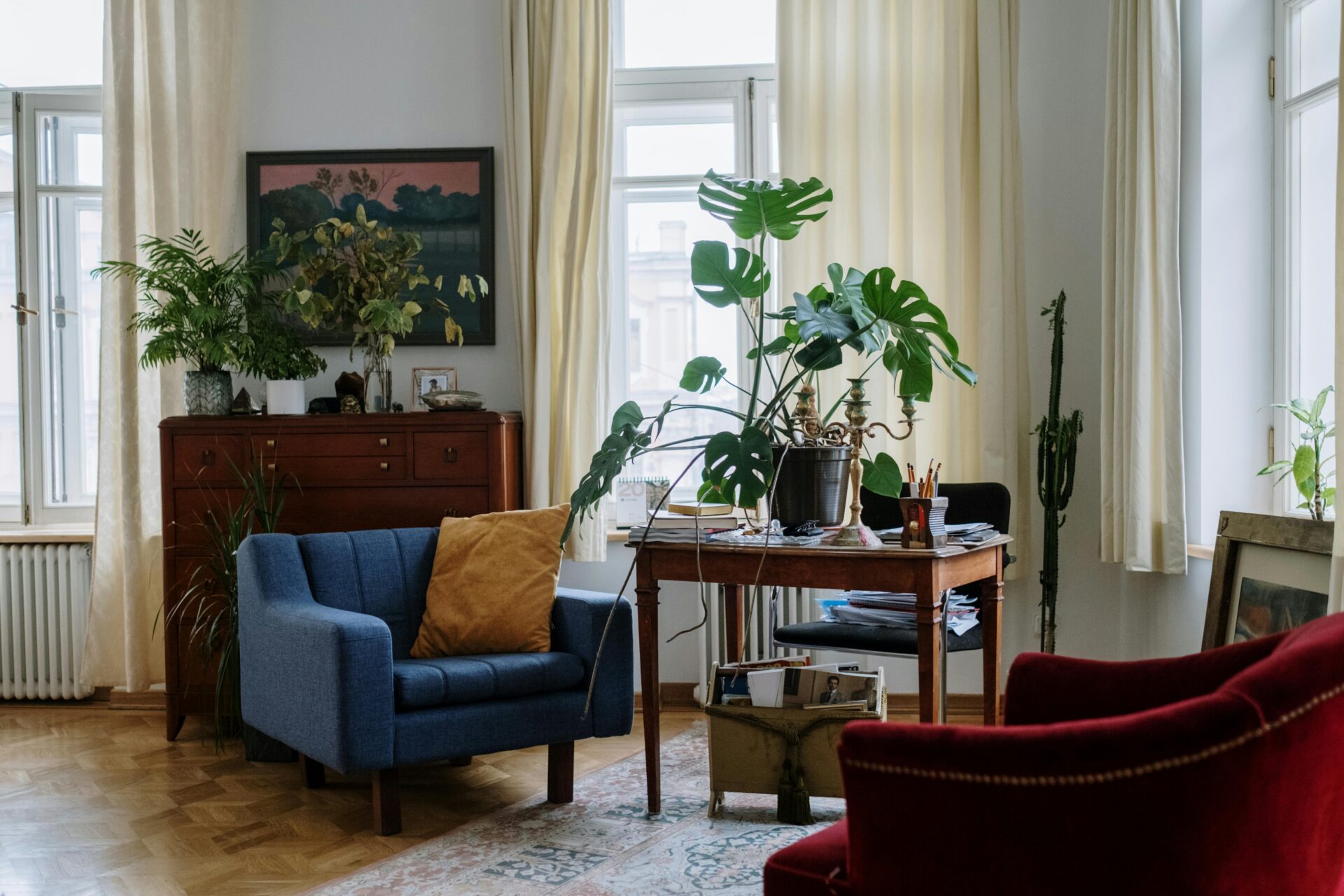 A bright, sunlit living room featuring parquet flooring, a blue armchair with a yellow pillow, a wooden desk, and various lush houseplants like a Monstera, showcasing a healthy home environment.